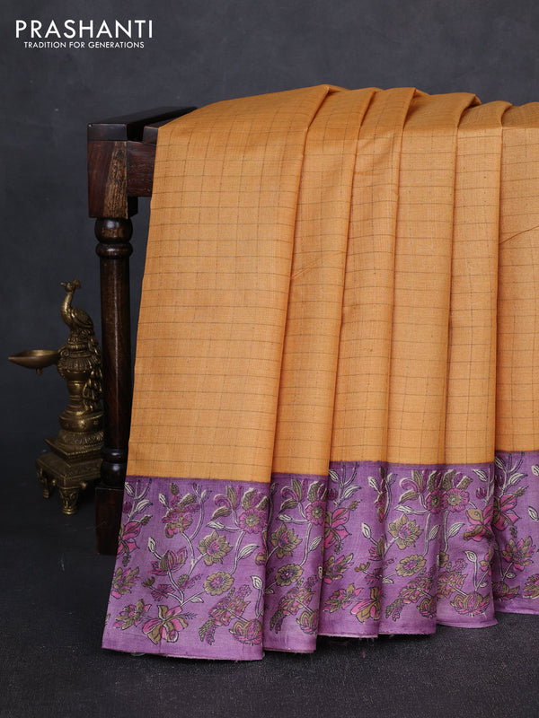 Pure tussar silk saree yellow and lilac with allover zari checked pattern and block printed pallu & border