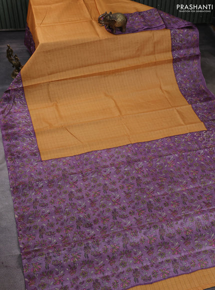 Pure tussar silk saree yellow and lilac with allover zari checked pattern and block printed pallu & border