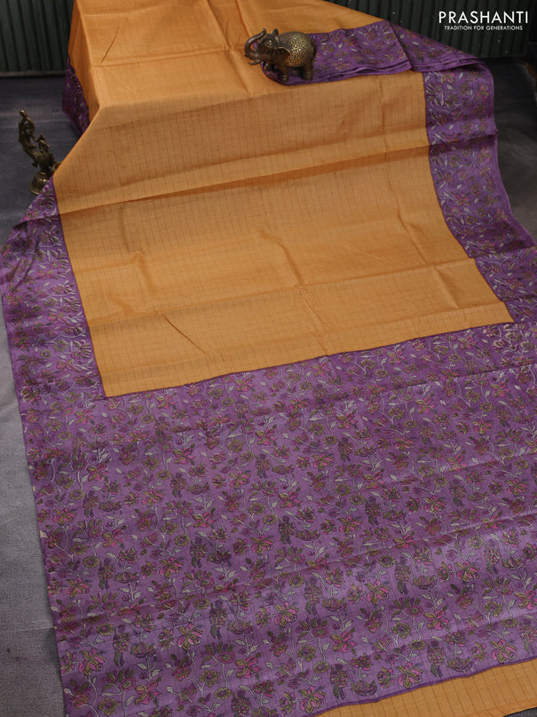 Pure tussar silk saree yellow and lilac with allover zari checked pattern and block printed pallu & border