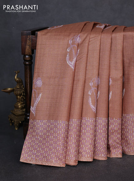 Pure tussar silk saree dark sandal with allover zari checks & butta prints and printed pallu & border