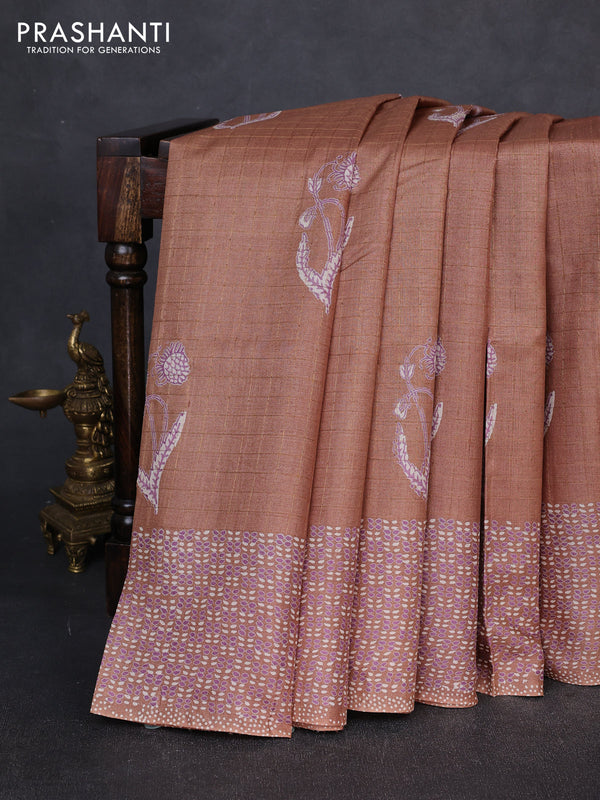 Pure tussar silk saree dark sandal with allover zari checks & butta prints and printed pallu & border