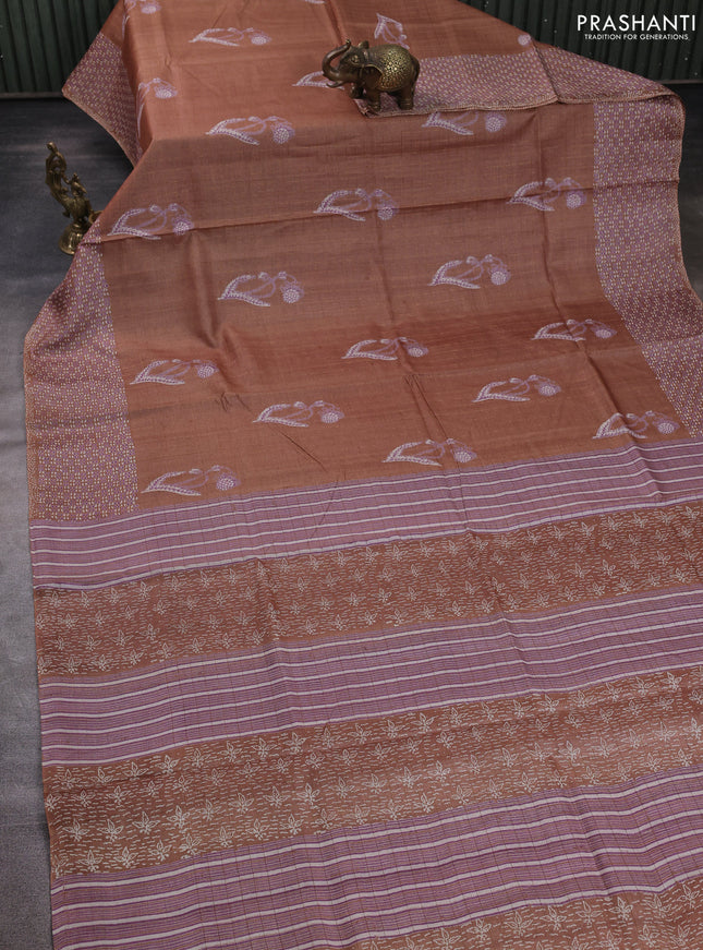 Pure tussar silk saree dark sandal with allover zari checks & butta prints and printed pallu & border