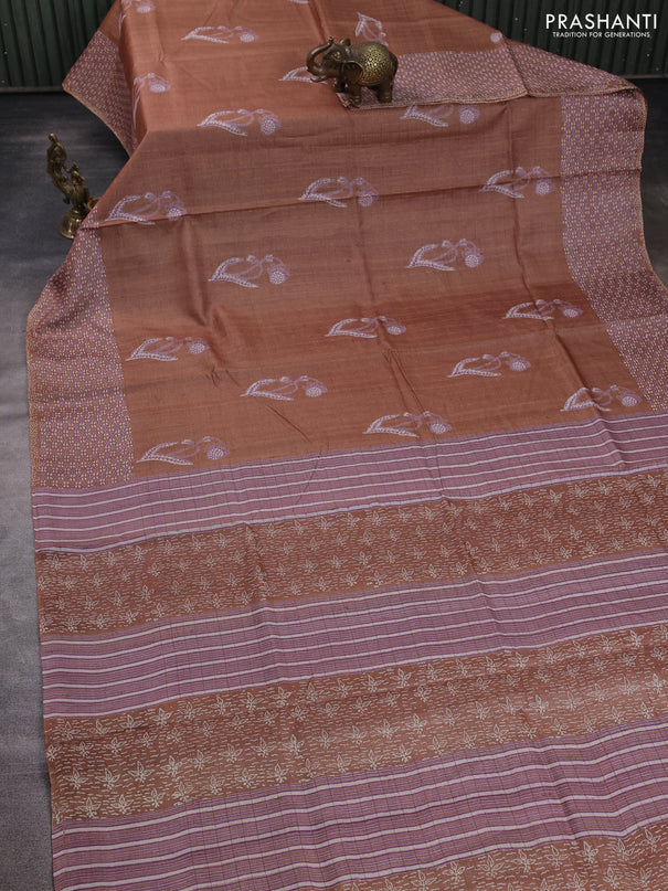 Pure tussar silk saree dark sandal with allover zari checks & butta prints and printed pallu & border