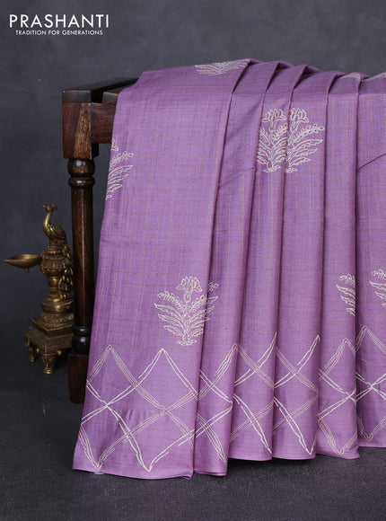 Pure tussar silk saree lilac with allover zari checks & butta prints and printed pallu & border