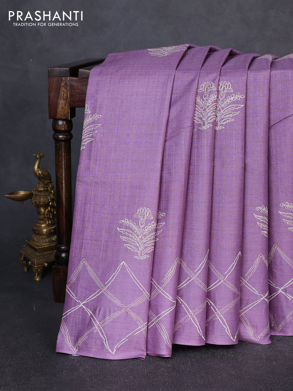 Pure tussar silk saree lilac with allover zari checks & butta prints and printed pallu & border