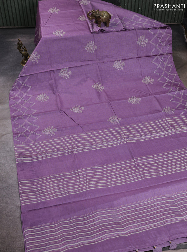 Pure tussar silk saree lilac with allover zari checks & butta prints and printed pallu & border