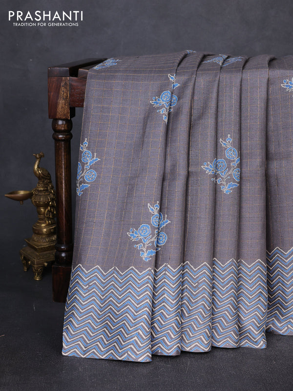 Pure tussar silk saree grey with allover zari checks & butta prints and printed pallu & border
