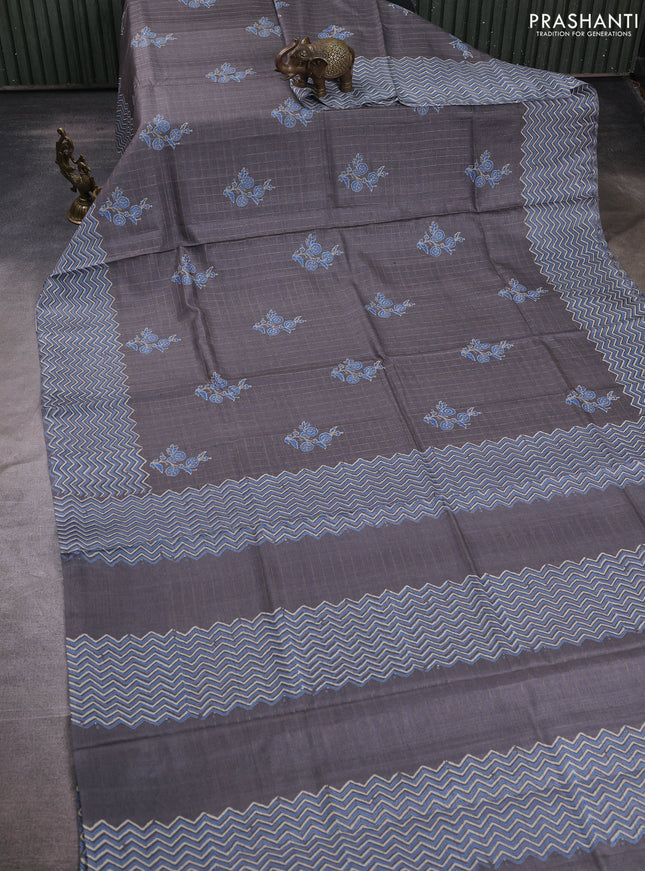 Pure tussar silk saree grey with allover zari checks & butta prints and printed pallu & border
