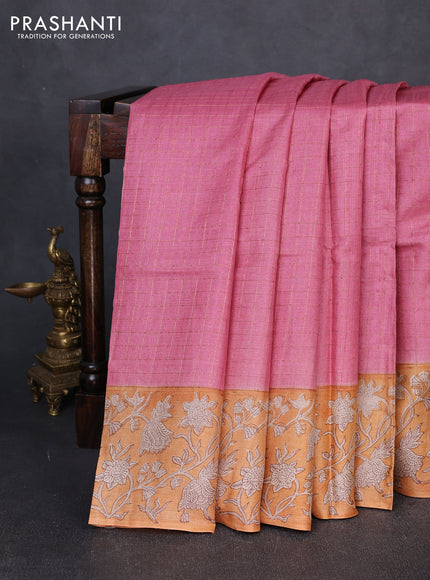 Pure tussar silk saree pink and mustard yellow with allover zari checked pattern and block printed pallu & border