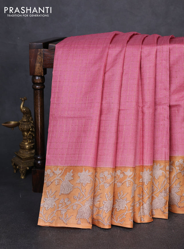 Pure tussar silk saree pink and mustard yellow with allover zari checked pattern and block printed pallu & border