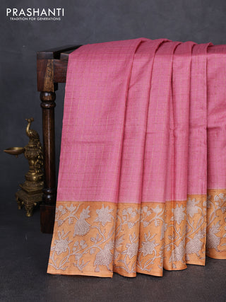 Pure tussar silk saree pink and mustard yellow with allover zari checked pattern and block printed pallu & border