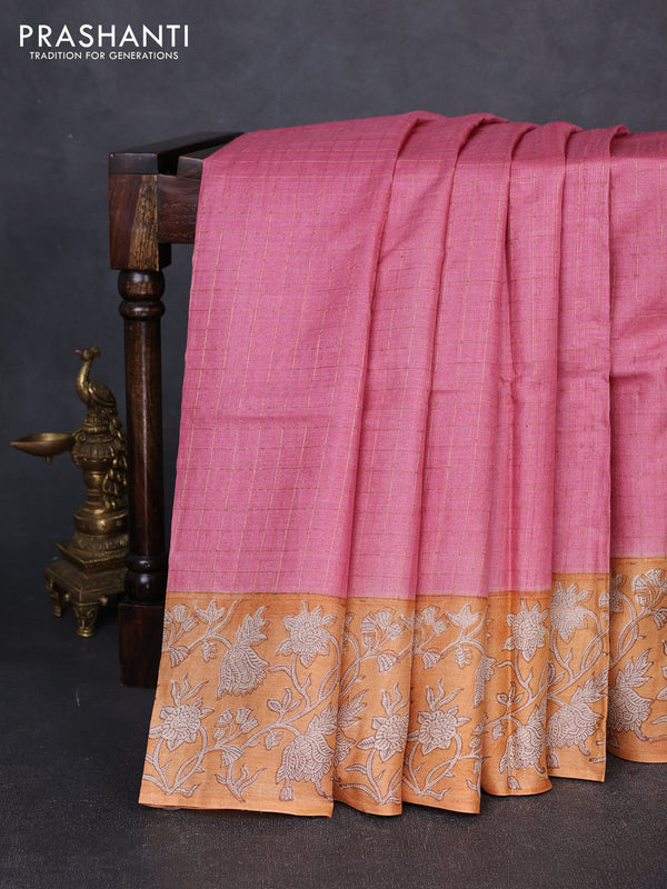 Pure tussar silk saree pink and mustard yellow with allover zari checked pattern and block printed pallu & border