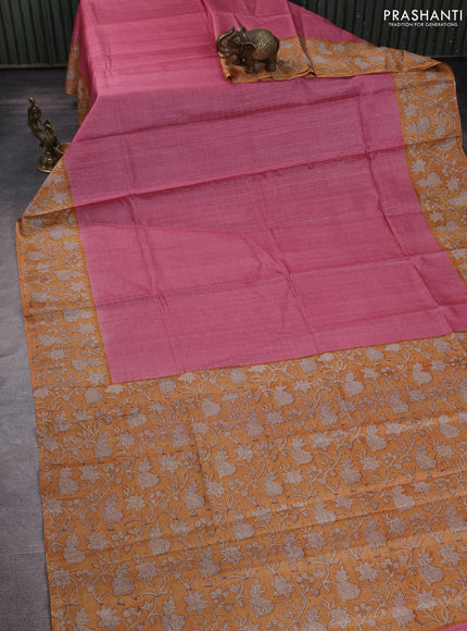 Pure tussar silk saree pink and mustard yellow with allover zari checked pattern and block printed pallu & border