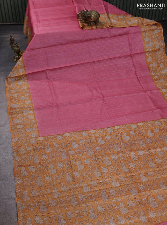 Pure tussar silk saree pink and mustard yellow with allover zari checked pattern and block printed pallu & border