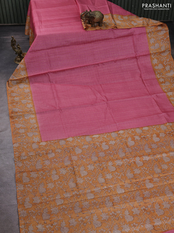 Pure tussar silk saree pink and mustard yellow with allover zari checked pattern and block printed pallu & border