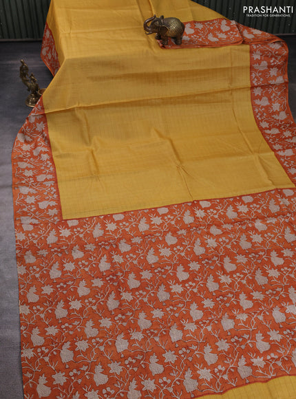 Pure tussar silk saree yellow and orange with allover zari checked pattern and block printed pallu & border