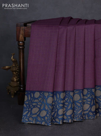 Pure tussar silk saree purple and blue with allover zari checked pattern and block printed pallu & border