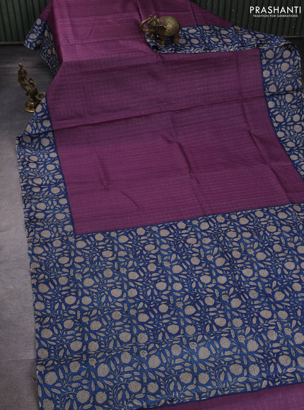 Pure tussar silk saree purple and blue with allover zari checked pattern and block printed pallu & border