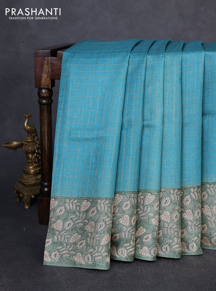 Pure tussar silk saree teal blue and pastel green with allover zari checked pattern and block printed pallu & border