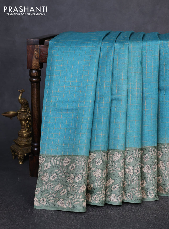Pure tussar silk saree teal blue and pastel green with allover zari checked pattern and block printed pallu & border