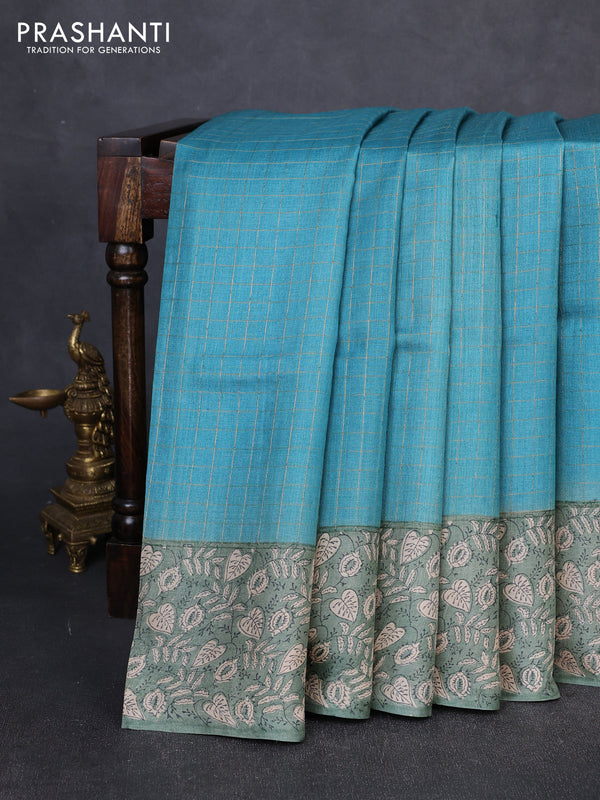 Pure tussar silk saree teal blue and pastel green with allover zari checked pattern and block printed pallu & border