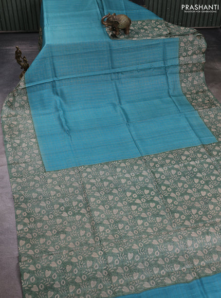 Pure tussar silk saree teal blue and pastel green with allover zari checked pattern and block printed pallu & border