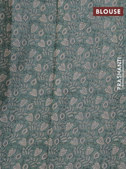 Pure tussar silk saree teal blue and pastel green with allover zari checked pattern and block printed pallu & border