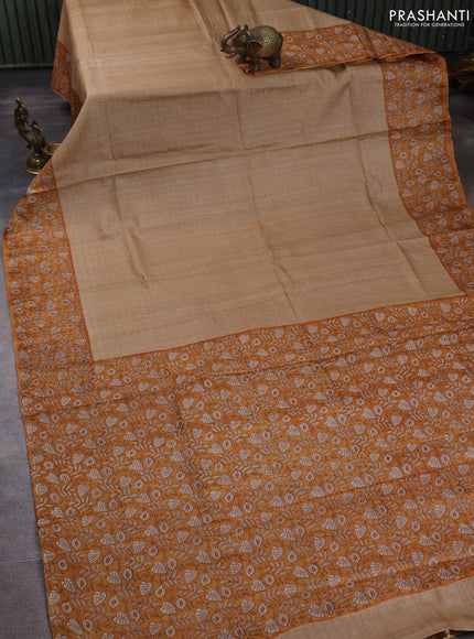 Pure tussar silk saree sandal and mustard yellow with allover zari checked pattern and block printed pallu & border