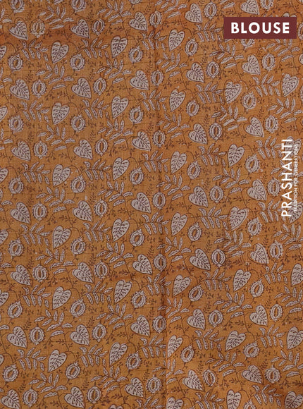 Pure tussar silk saree sandal and mustard yellow with allover zari checked pattern and block printed pallu & border