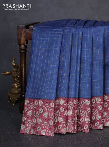 Pure tussar silk saree peacock blue and pastel maroon with allover zari checked pattern and block printed pallu & border