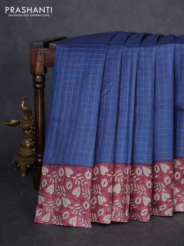 Pure tussar silk saree peacock blue and pastel maroon with allover zari checked pattern and block printed pallu & border