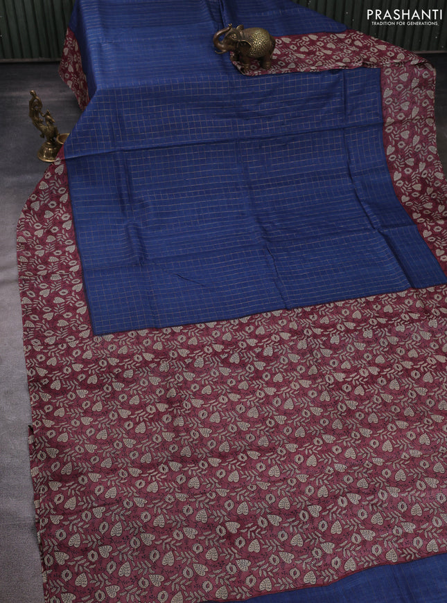 Pure tussar silk saree peacock blue and pastel maroon with allover zari checked pattern and block printed pallu & border