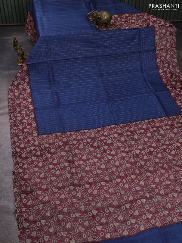 Pure tussar silk saree peacock blue and pastel maroon with allover zari checked pattern and block printed pallu & border
