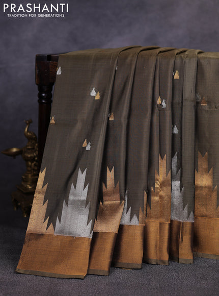 Pure uppada silk saree olive green with allover silver & gold zari woven buttas and temple design zari woven border