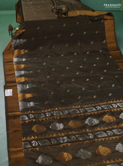 Pure uppada silk saree olive green with allover silver & gold zari woven buttas and temple design zari woven border