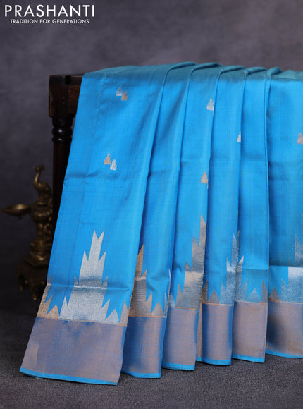 Pure uppada silk saree light blue with allover silver & gold zari woven buttas and temple design zari woven border