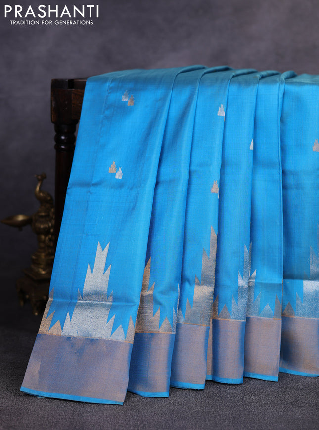 Pure uppada silk saree light blue with allover silver & gold zari woven buttas and temple design zari woven border