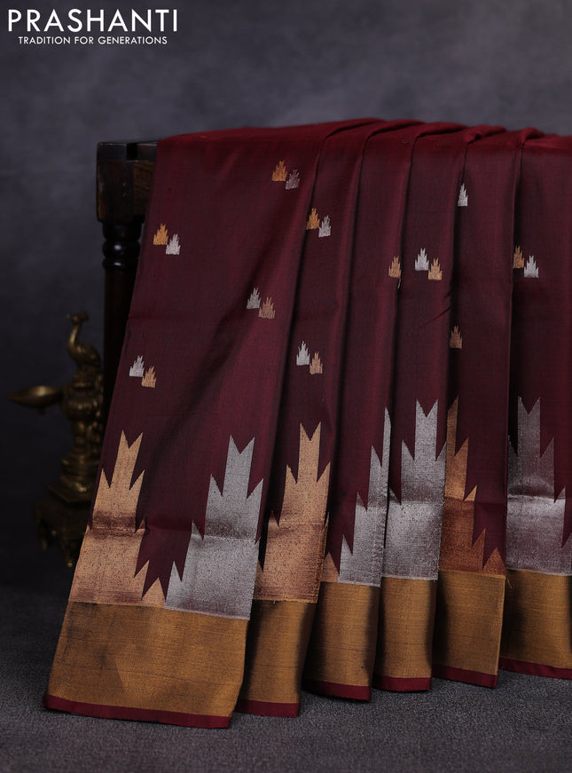 Pure uppada silk saree deep maroon with allover silver & gold zari woven buttas and zari woven border