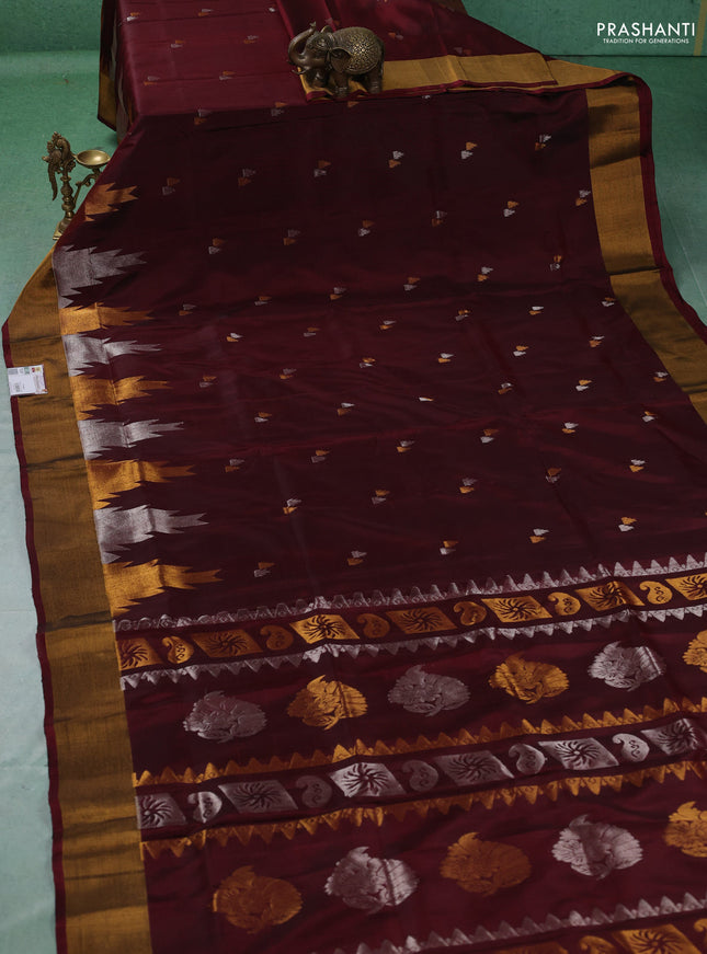 Pure uppada silk saree deep maroon with allover silver & gold zari woven buttas and zari woven border