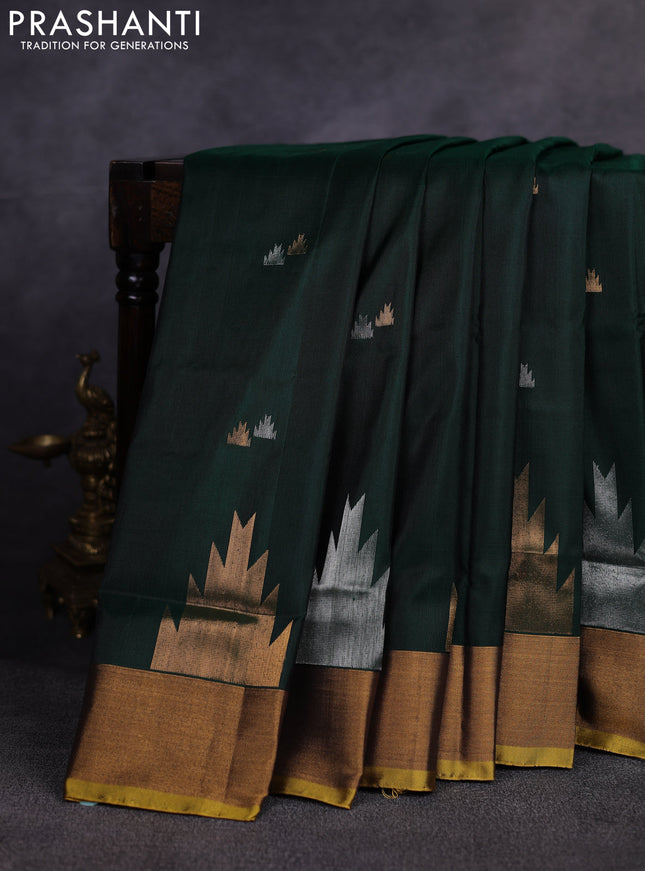 Pure uppada silk saree green and mustard yellow with allover silver & gold zari woven buttas and zari woven border