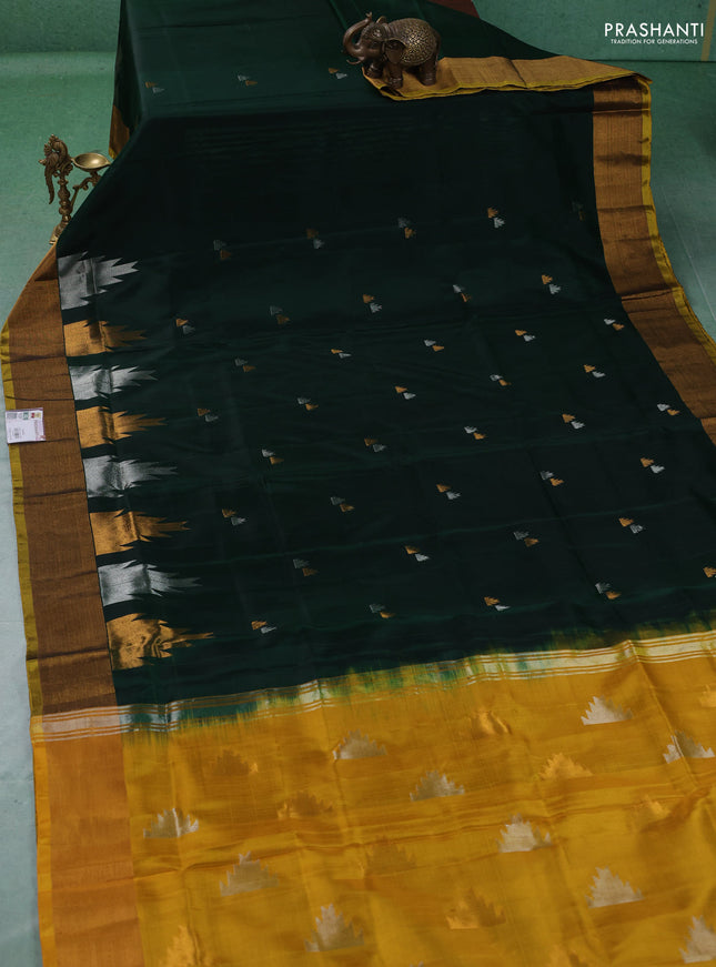 Pure uppada silk saree green and mustard yellow with allover silver & gold zari woven buttas and zari woven border