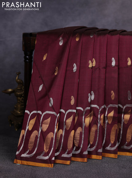 Pure uppada silk saree deep maroon and mustard yellow with allover silver & gold zari woven buttas and long zari woven border