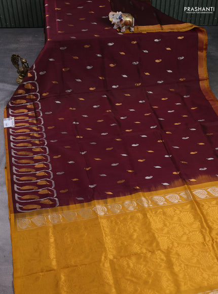 Pure uppada silk saree deep maroon and mustard yellow with allover silver & gold zari woven buttas and long zari woven border