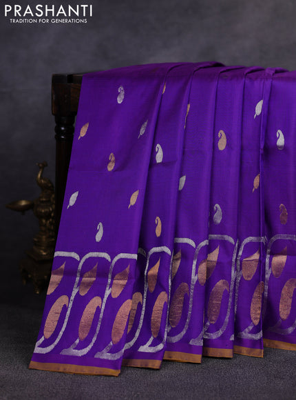 Pure uppada silk saree purple and mustard yellow with allover silver & gold zari woven buttas and long zari woven border