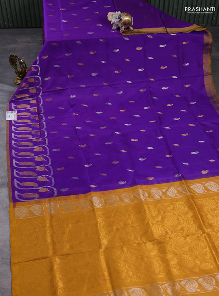 Pure uppada silk saree purple and mustard yellow with allover silver & gold zari woven buttas and long zari woven border
