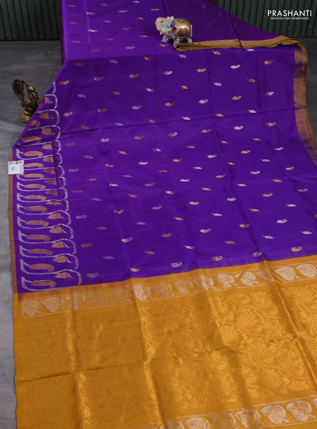 Pure uppada silk saree purple and mustard yellow with allover silver & gold zari woven buttas and long zari woven border