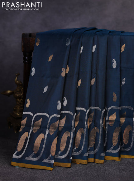 Pure uppada silk saree peacock green and mustard yellow with allover silver & gold zari woven buttas and long zari woven border