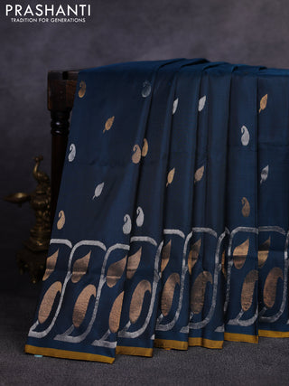 Pure uppada silk saree peacock green and mustard yellow with allover silver & gold zari woven buttas and long zari woven border