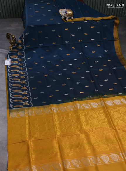 Pure uppada silk saree peacock green and mustard yellow with allover silver & gold zari woven buttas and long zari woven border