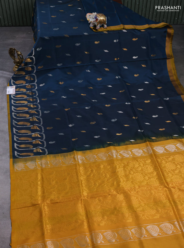 Pure uppada silk saree peacock green and mustard yellow with allover silver & gold zari woven buttas and long zari woven border